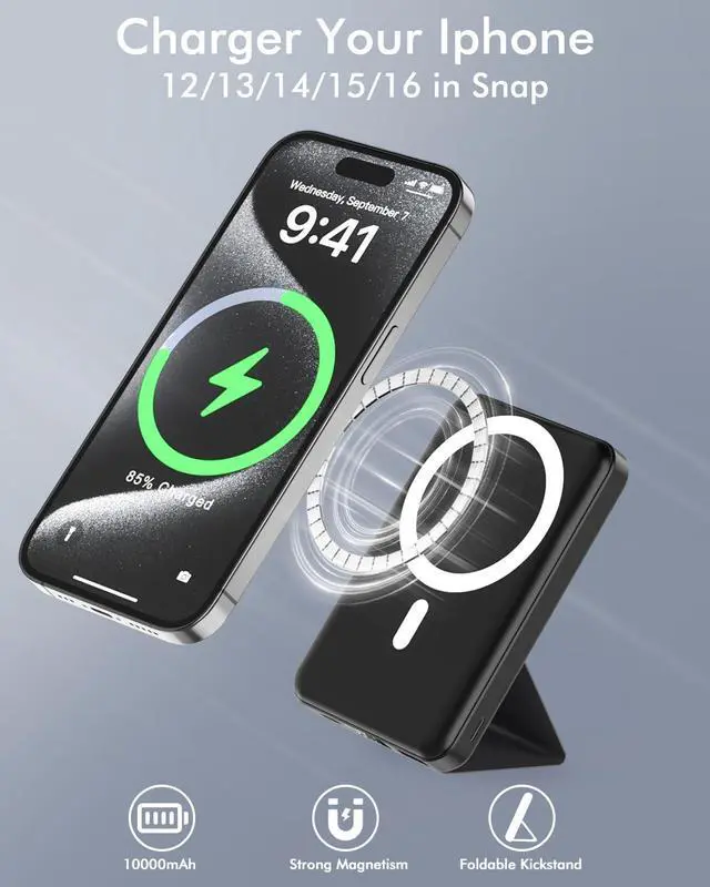 Alt view image 3 of 7 - for Magsafe Battery Pack Foldable 10000mAh Wireless Portable Charger with USB-C Cable LED Display 22.5W PD Fast Charging Magnetic Power Bank for iPhone 16/15/14/13/12 All Series-Black