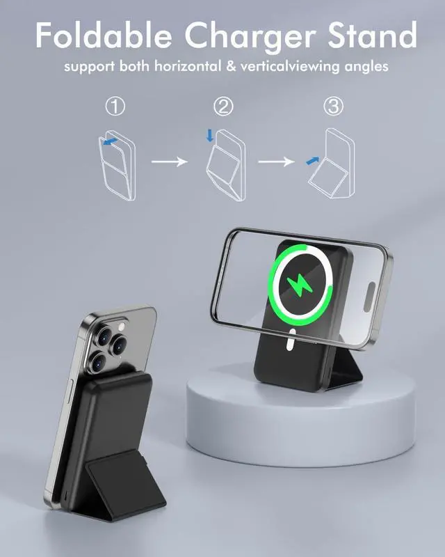 Alt view image 4 of 7 - for Magsafe Battery Pack Foldable 10000mAh Wireless Portable Charger with USB-C Cable LED Display 22.5W PD Fast Charging Magnetic Power Bank for iPhone 16/15/14/13/12 All Series-Black