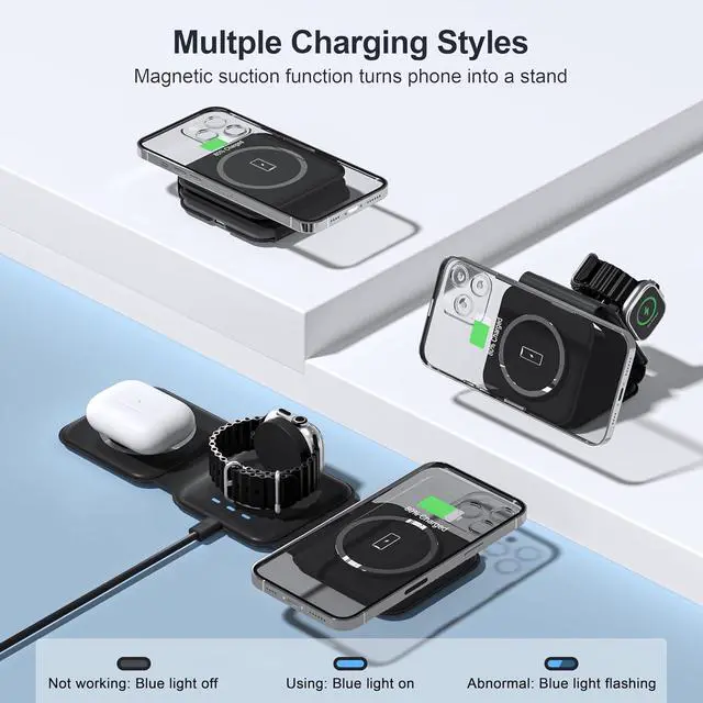 Alt view image 3 of 7 - 3 in 1 Charging Station for Multple Devices Foldable 3 in 1 Wireless Charger for Travel Nano Wireless Charging Station for iPhone16 15 14 13 12 Pro Max/Watch 10 9 8 7 6 5 4 3 Ultra/AirPod Pro