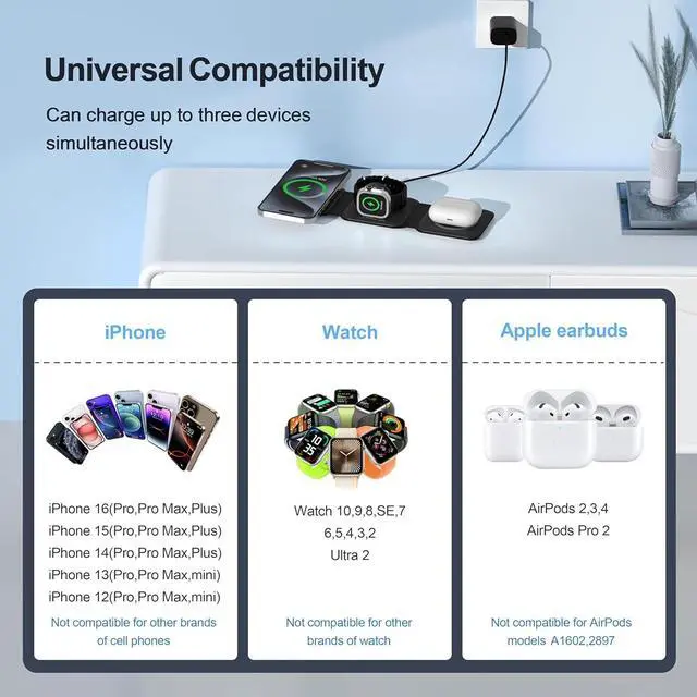 Alt view image 4 of 7 - 3 in 1 Charging Station for Multple Devices Foldable 3 in 1 Wireless Charger for Travel Nano Wireless Charging Station for iPhone16 15 14 13 12 Pro Max/Watch 10 9 8 7 6 5 4 3 Ultra/AirPod Pro