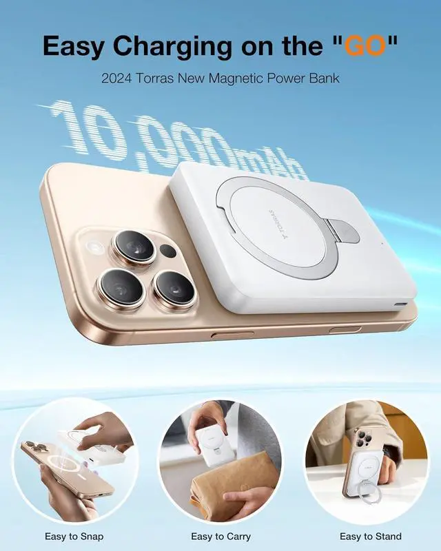 Alt view image 2 of 7 - 10000mAh Magnetic Portable Charger Power Bank for iPhone Fast Charging Travel Essential Wireless Battery Pack Slim with O-Stand Compatible with Magsafe 16 Pro Max Pro Plus 15 14 13 12 - White