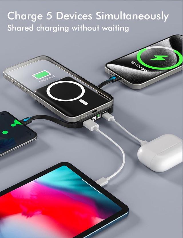 Alt view image 2 of 7 - for Magsafe Battery Pack 10000mAh Magnetic Power Bank Built-in USB C Lighting Cables 22.5W PD Fast Charging LED Display Wireless Portable Charger for iPhone 16/15/14/13/12/ All Series-Black