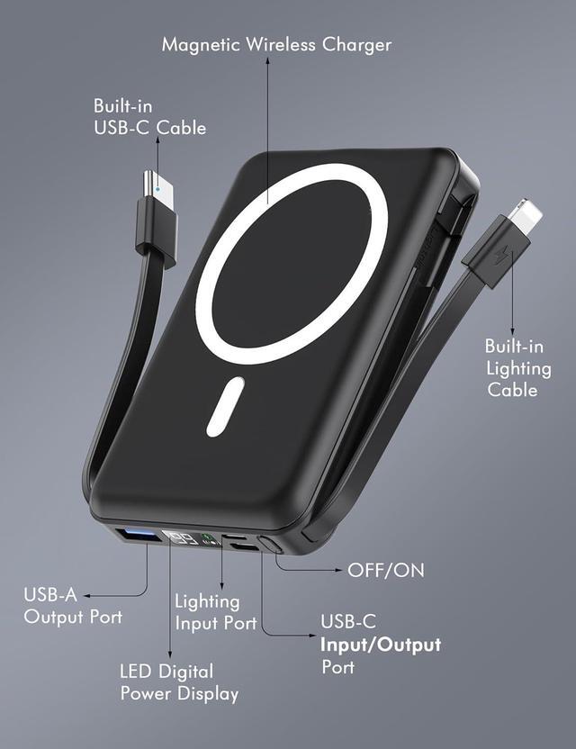 Alt view image 3 of 7 - for Magsafe Battery Pack 10000mAh Magnetic Power Bank Built-in USB C Lighting Cables 22.5W PD Fast Charging LED Display Wireless Portable Charger for iPhone 16/15/14/13/12/ All Series-Black