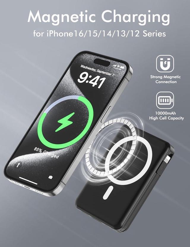 Alt view image 5 of 7 - for Magsafe Battery Pack 10000mAh Magnetic Power Bank Built-in USB C Lighting Cables 22.5W PD Fast Charging LED Display Wireless Portable Charger for iPhone 16/15/14/13/12/ All Series-Black