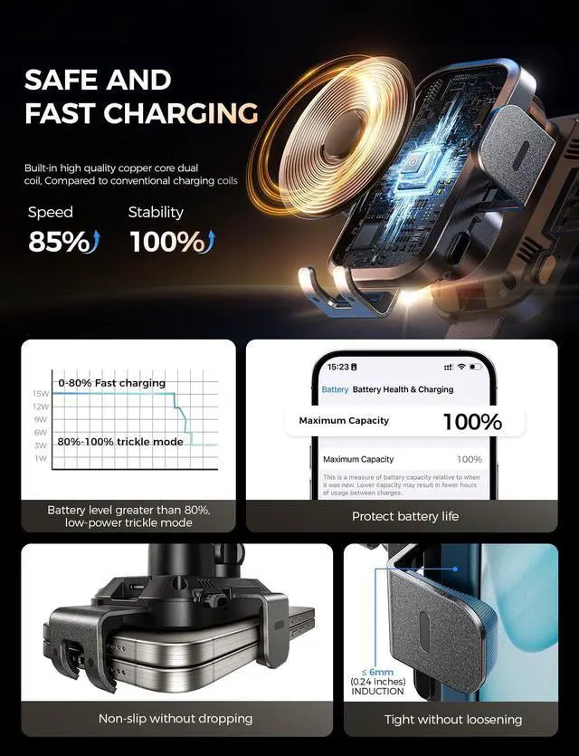 Alt view image 7 of 7 - CHGeek Wireless Car Charger with Phone Holder Mount, 15W Fast Charging Auto Clamping Phone Holders for You Car Windshield Dashboard Air Vent Accessories for iPhone, Samsung Galaxy, Google, etc