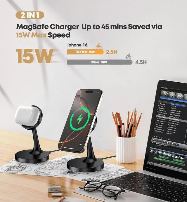 Alt view image 2 of 7 - Magnetic Wireless Charger iPhone Stand 15W Fast Mag-Safe Charger for iPhone 16/16 Pro/16 Plus/16 Pro Max/15/14/13/12 Series  Magnet Wireless Charging Station/Pad for AirPods