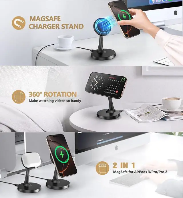 Alt view image 3 of 7 - Magnetic Wireless Charger iPhone Stand 15W Fast Mag-Safe Charger for iPhone 16/16 Pro/16 Plus/16 Pro Max/15/14/13/12 Series  Magnet Wireless Charging Station/Pad for AirPods