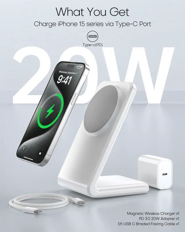 Alt view image 2 of 7 - Mag-Safe Charger Stand for iPhone 16 (with 20W Adapter, 5Ft Cable), Magnetic Wireless Charger with Fast Charging Capability for iPhone 15/14/13/12 Series- Grey