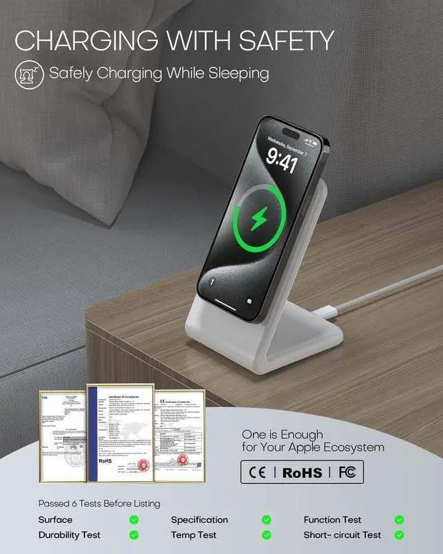 Alt view image 6 of 7 - Mag-Safe Charger Stand for iPhone 16 (with 20W Adapter, 5Ft Cable), Magnetic Wireless Charger with Fast Charging Capability for iPhone 15/14/13/12 Series- Grey