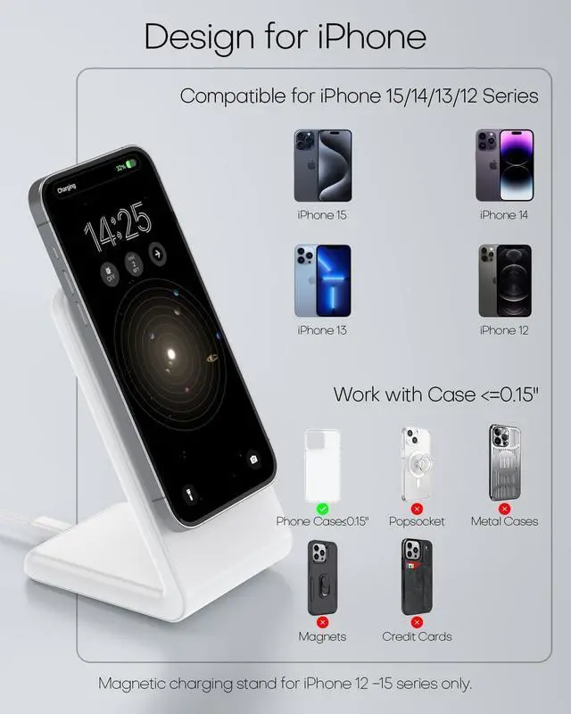 Alt view image 7 of 7 - Mag-Safe Charger Stand for iPhone 16 (with 20W Adapter, 5Ft Cable), Magnetic Wireless Charger with Fast Charging Capability for iPhone 15/14/13/12 Series- Grey