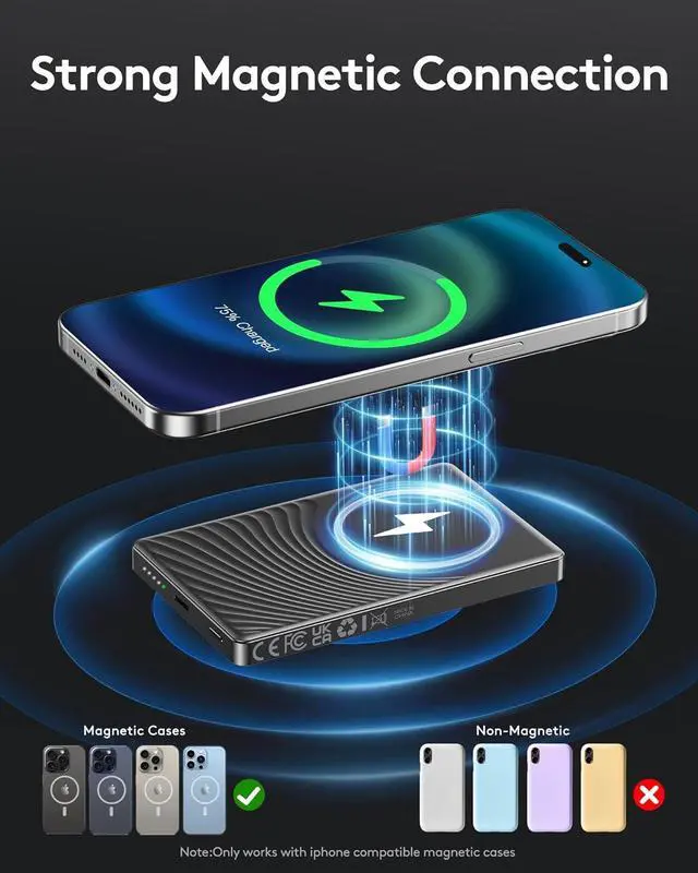 Alt view image 3 of 7 - 2025 for iPhone Magsafe Battery Pack Ultra Slim Magnetic Power Bank Fast Charging Wireless Portable Charger 10000mAh 20W Powerbank Compatible with iPhone 16/15/14/13/12 Series Metallic Black