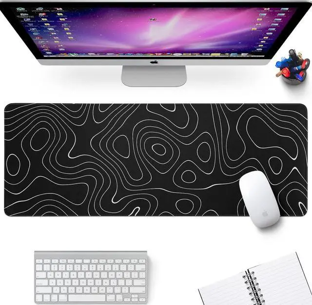 Alt view image 2 of 7 - Large Topographic Map Gaming Mouse Pad for Desk Black Desk Pad with Non-Slip Rubber Base Stitched Edge Desk Organizers and Accessories Desk Decor