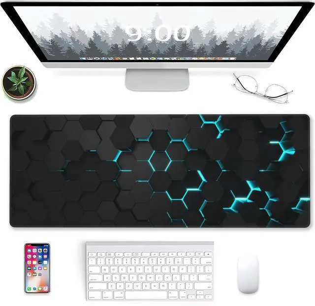 Alt view image 6 of 7 - Gaming Mouse Pad Blue Honeycomb Science Technology Extended Mouse Pad Gaming Large Big Desk Mat with Non-Slip Base and Stitched Edge Long Computer Keyboard Mouse Mat for Home Office Work 31.5x11.8