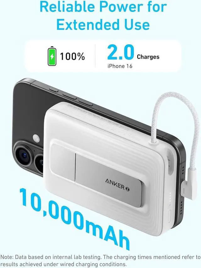 Alt view image 3 of 6 - Zolo Magnetic Power Bank 10 000mAh Wireless Portable Charger with 30W Max Fast Charging Battery Pack with Built-in USB-C Cable and Adjustable Stand for iPhone 16/15 Series AirPods and More