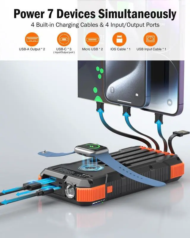 Alt view image 6 of 7 - Solar Charger Power Bank 20000mAh Built in 4 Cables 20W Fast Charging External Battery Pack with USB C Camping Light Flashlight Wireless Charging Battery Bank for  Watches