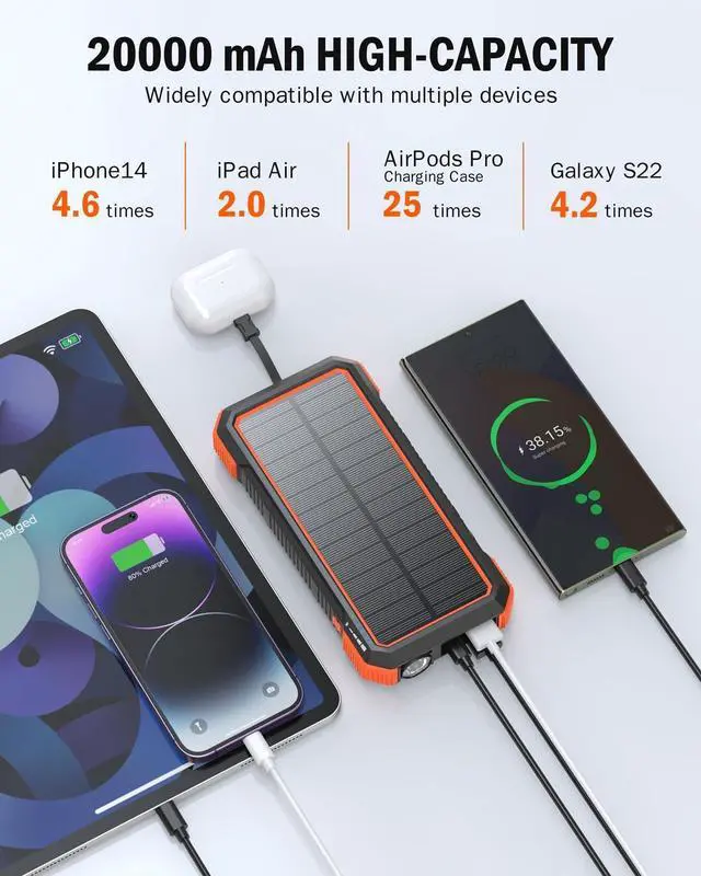 Alt view image 7 of 7 - Solar Charger Power Bank 20000mAh Built in 4 Cables 20W Fast Charging External Battery Pack with USB C Camping Light Flashlight Wireless Charging Battery Bank for  Watches
