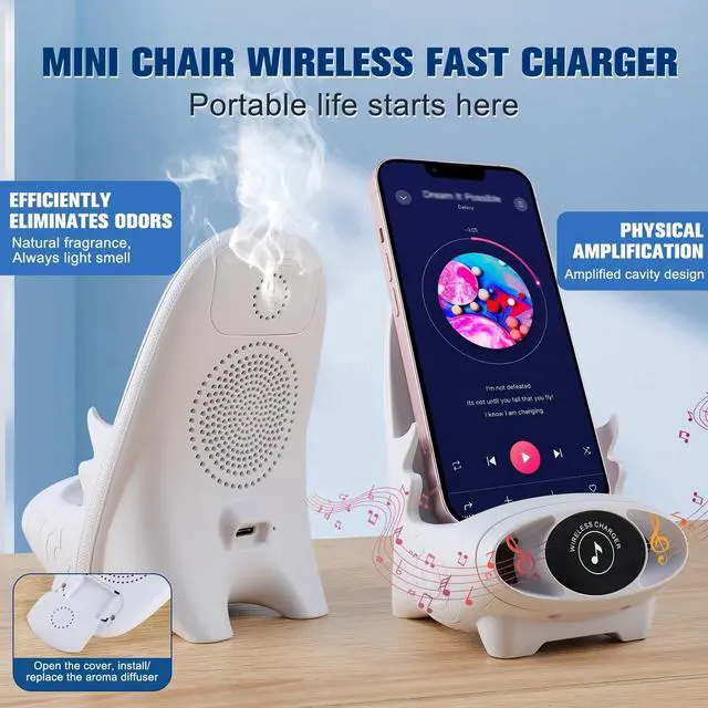 Alt view image 4 of 7 - Mini Chair Wireless Fast Charger Multifunctional Phone Holder Stand Portable Mini Chair Wireless Charger 3 in 1 Cell Phone Stand for Desk Charging Desktop Cellphone Stand with Speaker Function (White)