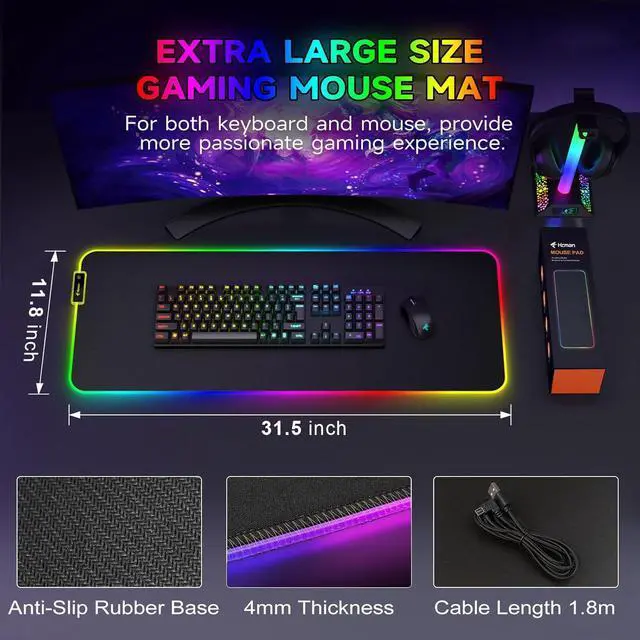 Alt view image 4 of 6 - RGB Gaming Mouse Pad Large Mousepad with Led Light PC Gaming Accessories Black Keyboard Pad for Desk Non-Slip Rubber Base XXL Big Mouse Mat for Gamer Boy Men Gift (31.5 X 12 Inch)
