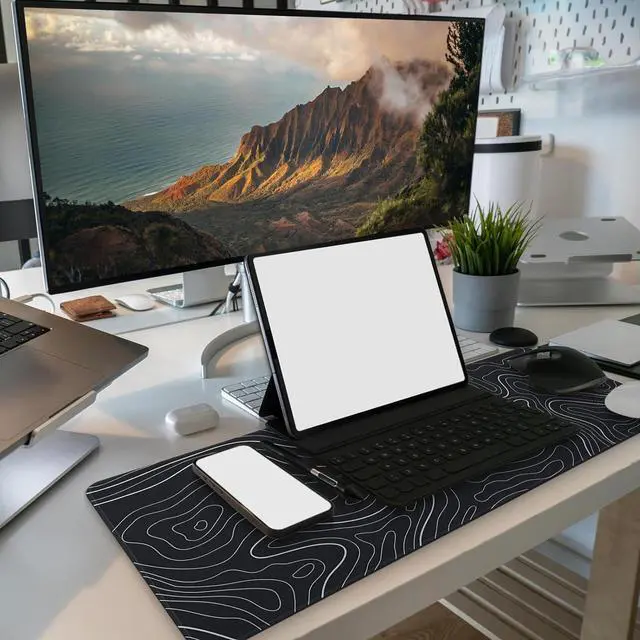 Alt view image 6 of 7 - Long Gaming Mouse Pad 31.5 x 11.8 inches Extended Anime Mousepad Large Desk Pad with Non-Slip Base Full Keyboard Mat with Stitched Edges for Gaming and Office (Black Topographic Line)