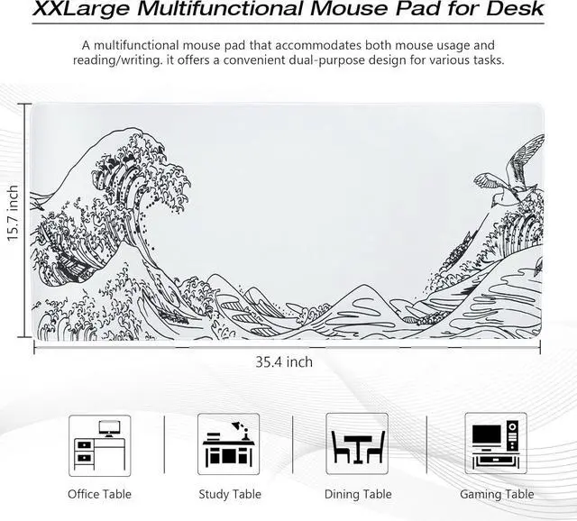 Alt view image 2 of 7 - Large Gaming Mouse Pad for Desk Kanagawa XXL Mouse Pad 35.4x15.7 Inch Waterproof Desk Pad Non-Slip Rubber Base Mice Pad Keyboard Pad Computer Mat White Mouse pad