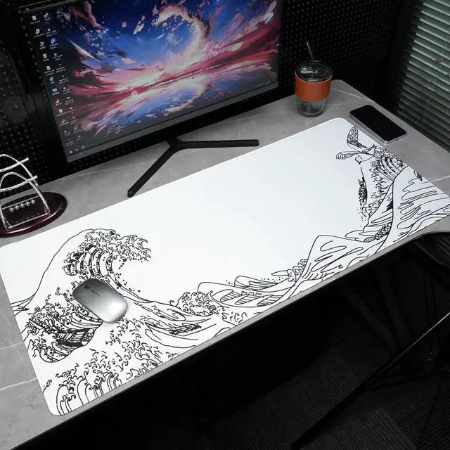 Alt view image 6 of 7 - Large Gaming Mouse Pad for Desk Kanagawa XXL Mouse Pad 35.4x15.7 Inch Waterproof Desk Pad Non-Slip Rubber Base Mice Pad Keyboard Pad Computer Mat White Mouse pad