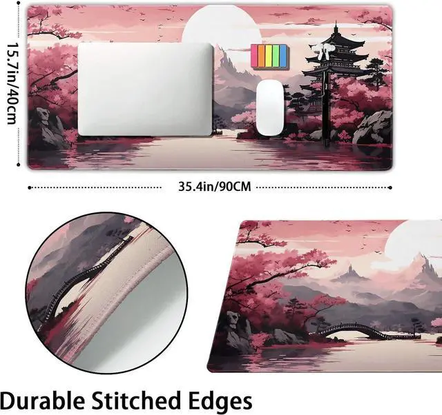 Alt view image 2 of 7 - Pink Japanese Sakura Gaming Mouse Pad XXL Cherry Blossom Tower Mountain Landscape Big Extended Large Desk Mat Non-Slip Rubber Base Stitched Edge Long Mousepad for Computer Gamer 35.4 x 15.7 in