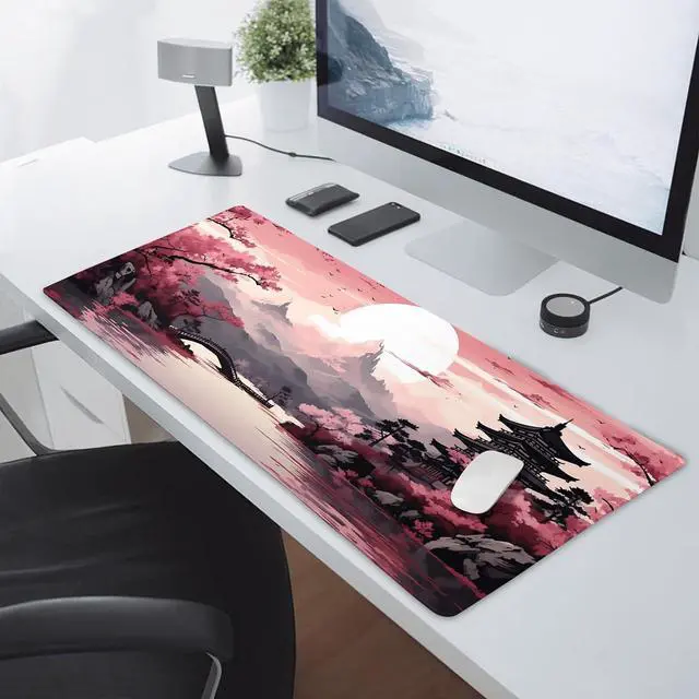 Alt view image 5 of 7 - Pink Japanese Sakura Gaming Mouse Pad XXL Cherry Blossom Tower Mountain Landscape Big Extended Large Desk Mat Non-Slip Rubber Base Stitched Edge Long Mousepad for Computer Gamer 35.4 x 15.7 in