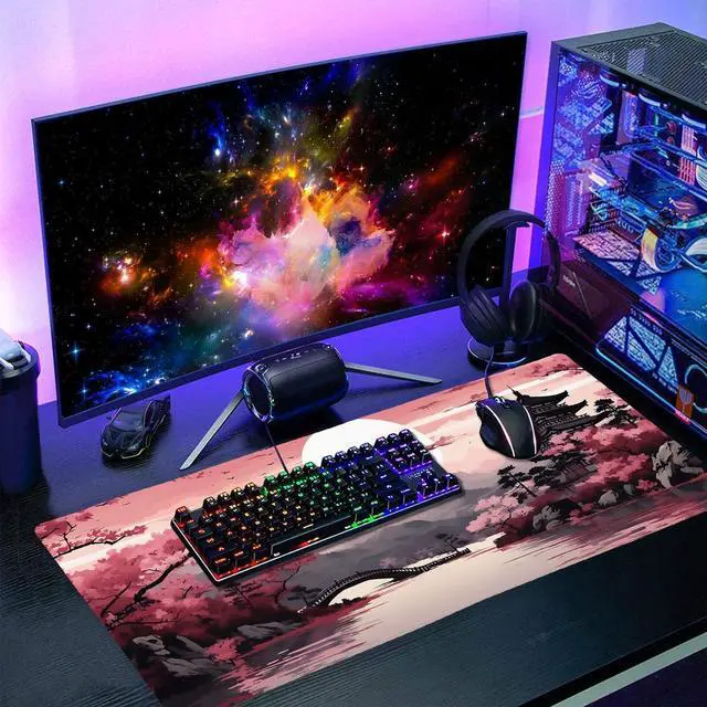 Alt view image 6 of 7 - Pink Japanese Sakura Gaming Mouse Pad XXL Cherry Blossom Tower Mountain Landscape Big Extended Large Desk Mat Non-Slip Rubber Base Stitched Edge Long Mousepad for Computer Gamer 35.4 x 15.7 in