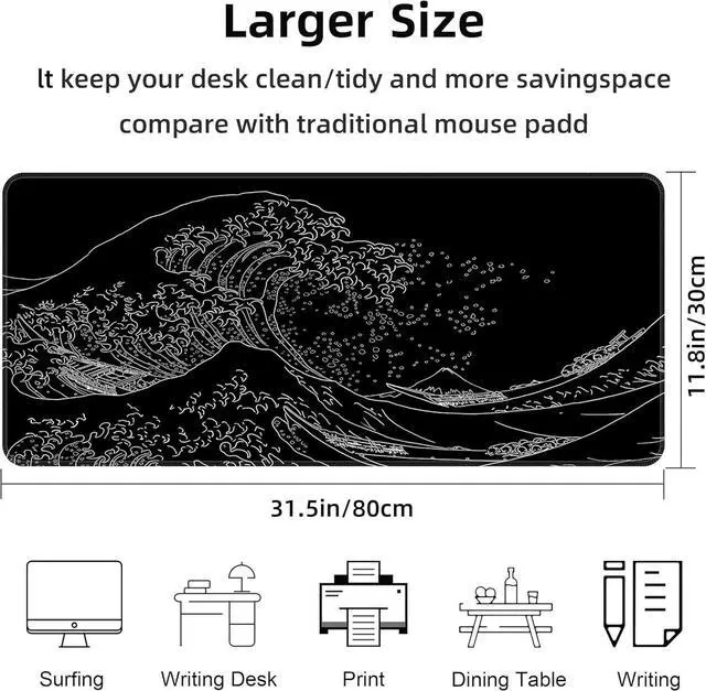 Alt view image 2 of 7 - Japanese Sea Wave Extended Big Mouse Pad Large XL Gaming Mouse Pad Desk Pad 31.5x11.8inch Long Computer Keyboard Mouse Mat Mousepad with 3mm Non-Slip Base and Stitched Edge for Home Office Work