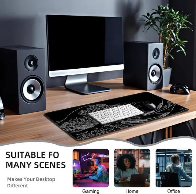 Alt view image 6 of 7 - Japanese Sea Wave Extended Big Mouse Pad Large XL Gaming Mouse Pad Desk Pad 31.5x11.8inch Long Computer Keyboard Mouse Mat Mousepad with 3mm Non-Slip Base and Stitched Edge for Home Office Work