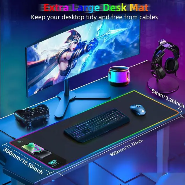 Alt view image 3 of 7 - Wireless Charging RGB Gaming Mouse Pad 15W -800x300x4MM-Fast Charging Ultra-Smooth Surface Non-Slip Base 13 Light Modes - Ultimate RGB Mouse Pad for Gamers - Large Mouse Pad Gaming Mat