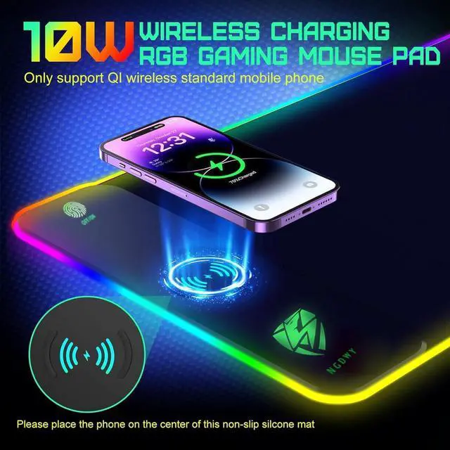 Alt view image 5 of 7 - Wireless Charging RGB Gaming Mouse Pad 15W -800x300x4MM-Fast Charging Ultra-Smooth Surface Non-Slip Base 13 Light Modes - Ultimate RGB Mouse Pad for Gamers - Large Mouse Pad Gaming Mat
