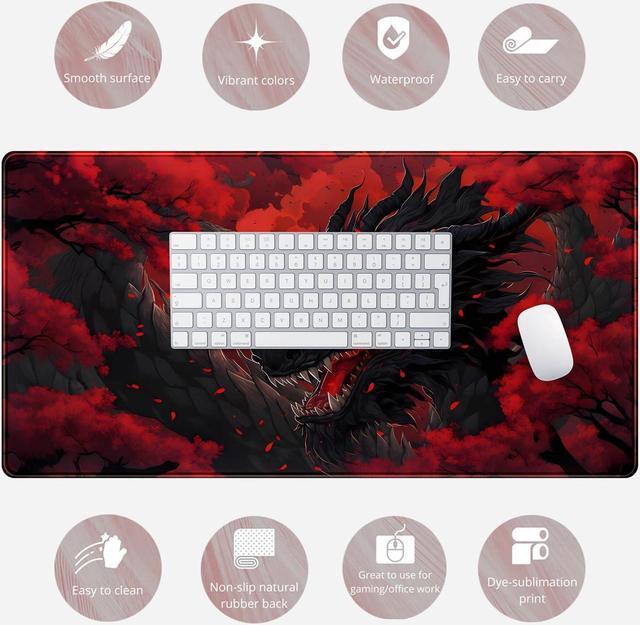 Alt view image 6 of 6 - Huge Dragon Large Mouse Pad Red and Black Mousepad Red Desk Mat Big Full Keyboard and Mouse Pad Cool Desk Pad for Keyboard Mouse with Stitched Edges Anti-Slip Funny Desk Pad 31.5 X 15.8 in.