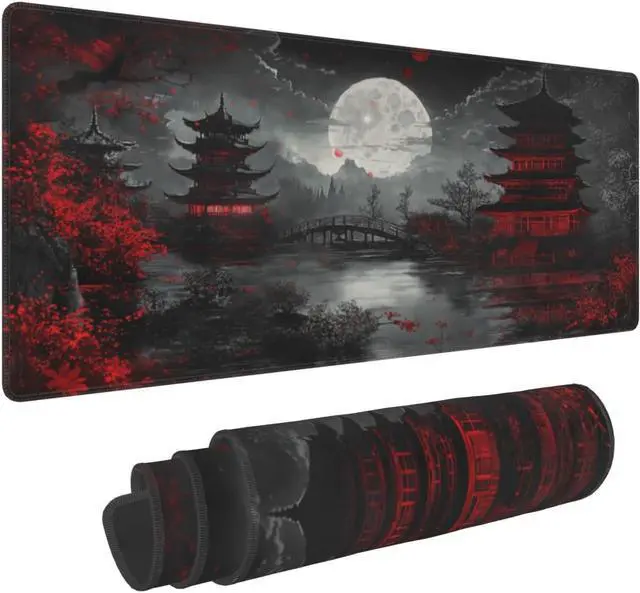 Main image of Japanese Mouse Pad XXL 31.5 X 11.8 Inch Black Red Design Style Extended Large Gaming Mousepad Keyboard Full Desk Mat Non-Slip Rubber Base Stitched Edges for Home Office