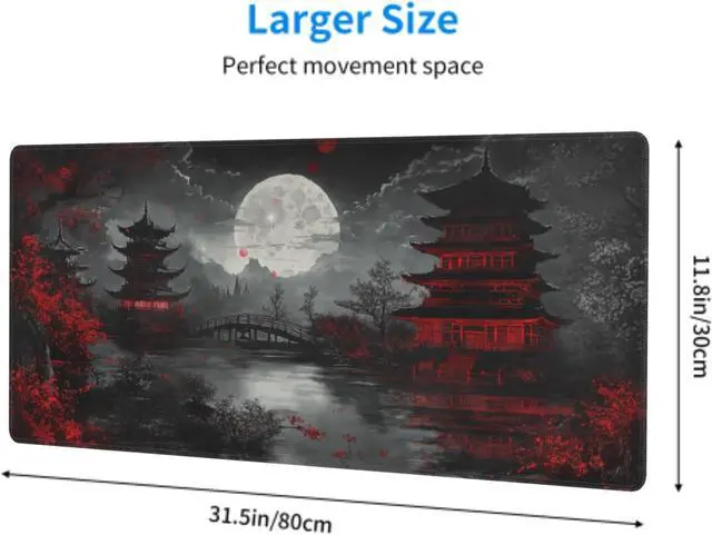 Alt view image 3 of 7 - Japanese Mouse Pad XXL 31.5 X 11.8 Inch Black Red Design Style Extended Large Gaming Mousepad Keyboard Full Desk Mat Non-Slip Rubber Base Stitched Edges for Home Office