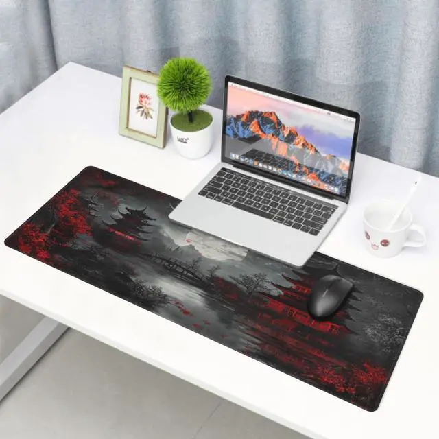 Alt view image 2 of 7 - Japanese Mouse Pad XXL 31.5 X 11.8 Inch Black Red Design Style Extended Large Gaming Mousepad Keyboard Full Desk Mat Non-Slip Rubber Base Stitched Edges for Home Office