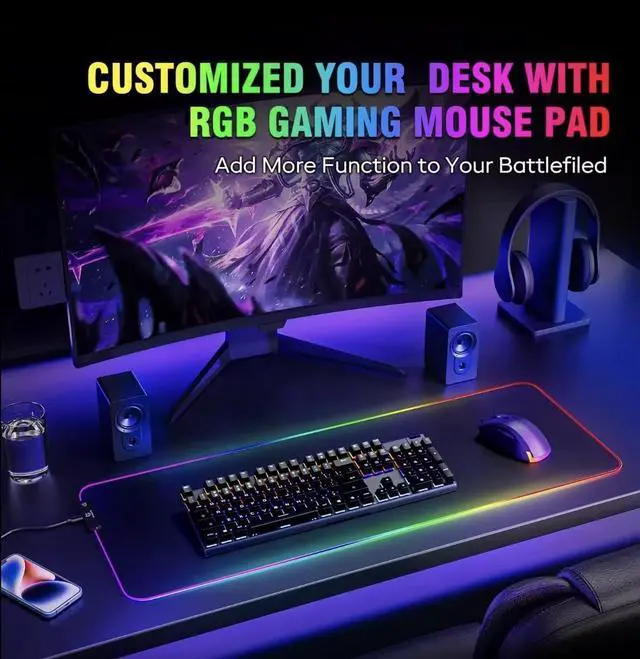 Alt view image 2 of 4 - XL LED Gaming Mouse Pad with 15W Wireless Charging - 10 Light Modes - Non-Slip Rubber Base - Ideal for Gaming MacBook PC Laptop Desk black