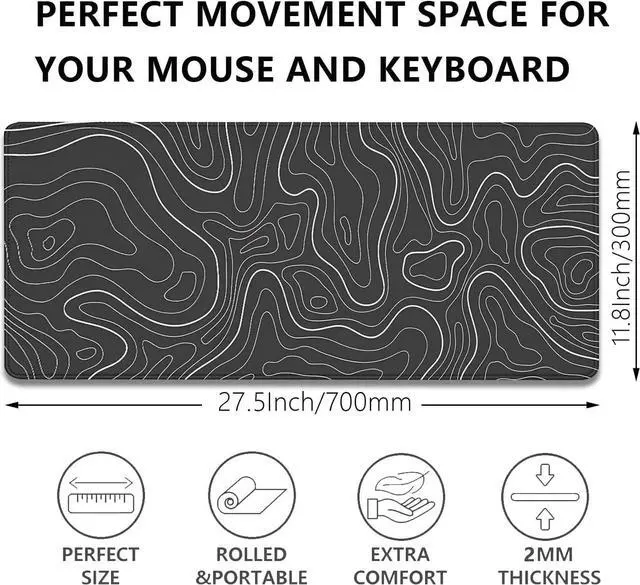 Alt view image 3 of 7 - Black Topographic Mouse Pad Gaming Desk Pad with Stitched Edges Non-Slip Rubber Base Extended XL Mousepad Big Desk Mat for Office Home Work(27.5X11.8 Inch)
