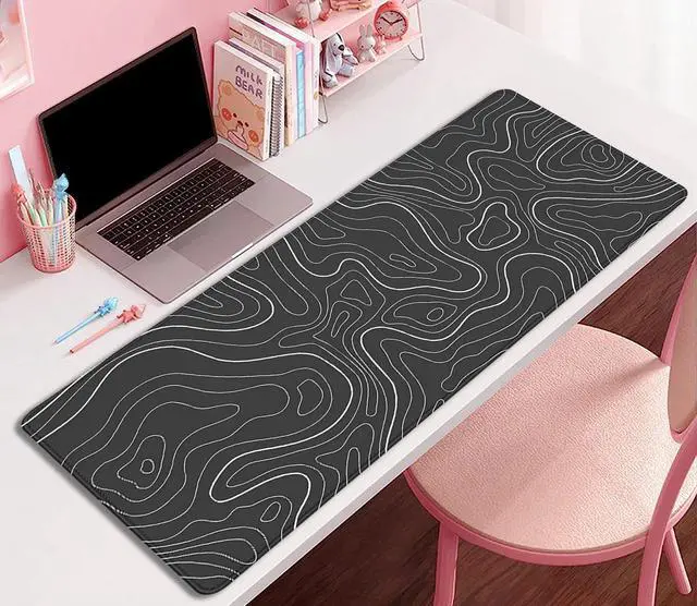 Alt view image 4 of 7 - Black Topographic Mouse Pad Gaming Desk Pad with Stitched Edges Non-Slip Rubber Base Extended XL Mousepad Big Desk Mat for Office Home Work(27.5X11.8 Inch)
