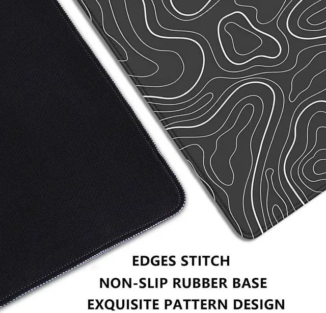 Alt view image 5 of 7 - Black Topographic Mouse Pad Gaming Desk Pad with Stitched Edges Non-Slip Rubber Base Extended XL Mousepad Big Desk Mat for Office Home Work(27.5X11.8 Inch)