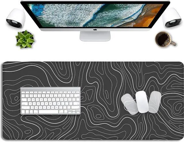 Alt view image 6 of 7 - Black Topographic Mouse Pad Gaming Desk Pad with Stitched Edges Non-Slip Rubber Base Extended XL Mousepad Big Desk Mat for Office Home Work(27.5X11.8 Inch)