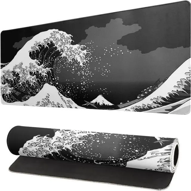 Main image of Japanese Black Sea Wave Mouse Pad Large Gaming Mousepad Non-Slip Rubber Base Kanagawa Big Keyboard Mouse Mat Stitched Edges 31.5x11.8 Inch XL Desk Mat Computer Desk Pad for Home Office and Gaming