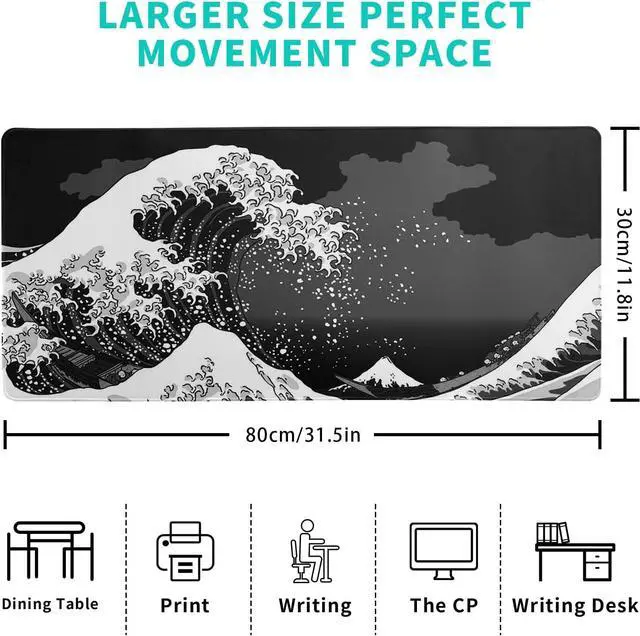 Alt view image 2 of 7 - Japanese Black Sea Wave Mouse Pad Large Gaming Mousepad Non-Slip Rubber Base Kanagawa Big Keyboard Mouse Mat Stitched Edges 31.5x11.8 Inch XL Desk Mat Computer Desk Pad for Home Office and Gaming