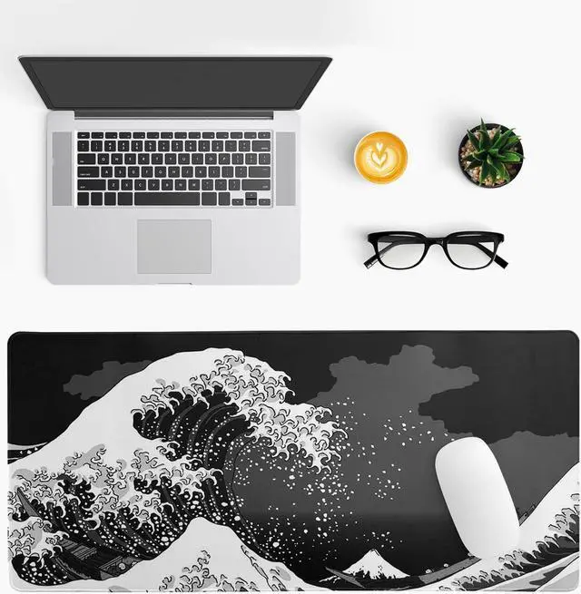 Alt view image 3 of 7 - Japanese Black Sea Wave Mouse Pad Large Gaming Mousepad Non-Slip Rubber Base Kanagawa Big Keyboard Mouse Mat Stitched Edges 31.5x11.8 Inch XL Desk Mat Computer Desk Pad for Home Office and Gaming