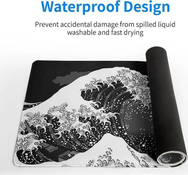 Alt view image 4 of 7 - Japanese Black Sea Wave Mouse Pad Large Gaming Mousepad Non-Slip Rubber Base Kanagawa Big Keyboard Mouse Mat Stitched Edges 31.5x11.8 Inch XL Desk Mat Computer Desk Pad for Home Office and Gaming