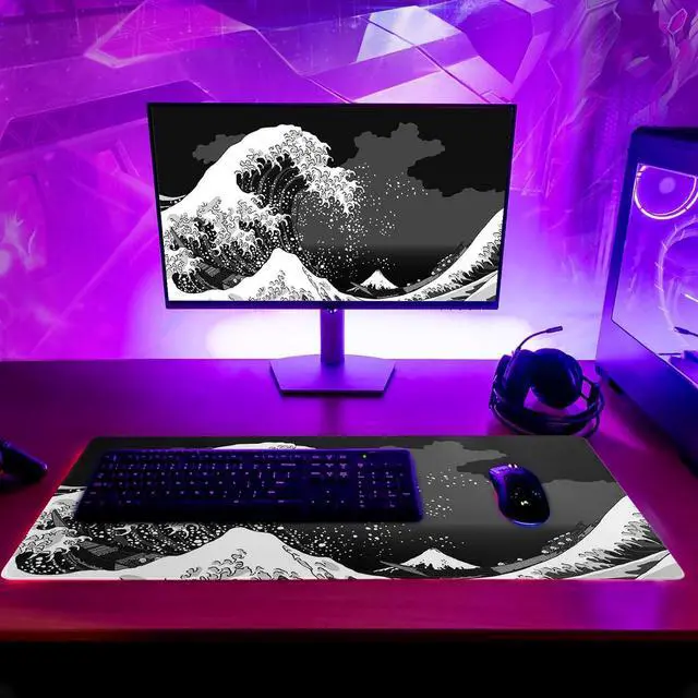 Alt view image 6 of 7 - Japanese Black Sea Wave Mouse Pad Large Gaming Mousepad Non-Slip Rubber Base Kanagawa Big Keyboard Mouse Mat Stitched Edges 31.5x11.8 Inch XL Desk Mat Computer Desk Pad for Home Office and Gaming
