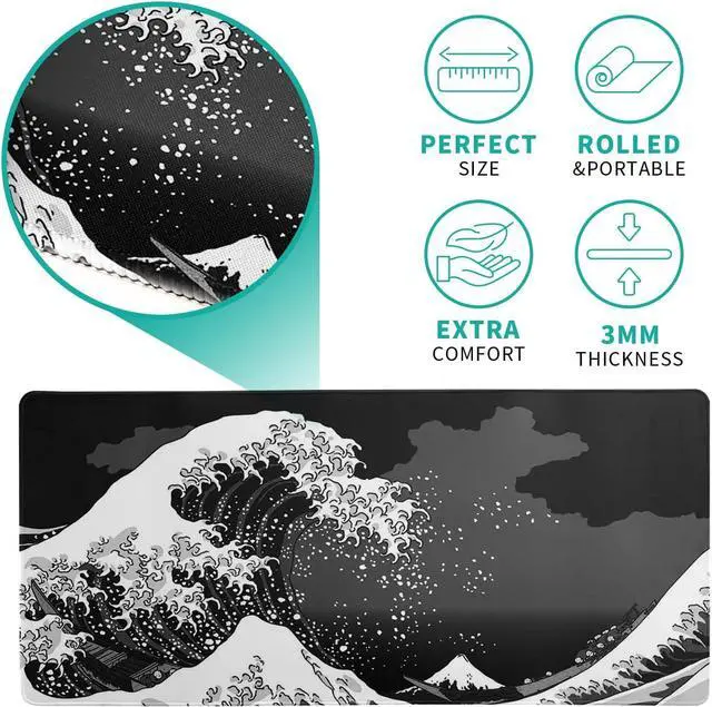 Alt view image 5 of 7 - Japanese Black Sea Wave Mouse Pad Large Gaming Mousepad Non-Slip Rubber Base Kanagawa Big Keyboard Mouse Mat Stitched Edges 31.5x11.8 Inch XL Desk Mat Computer Desk Pad for Home Office and Gaming