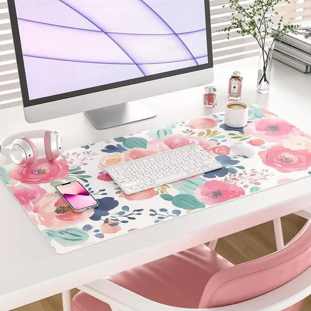 Alt view image 2 of 7 - Large Mouse Pad Pink Floral Desk Mat for Desktop Women Girls Flowers PU Leather Waterproof Desk Pad Computer PC Laptop Protector Gaming Mouse Pads for School Office Home 31.5 x 15.7