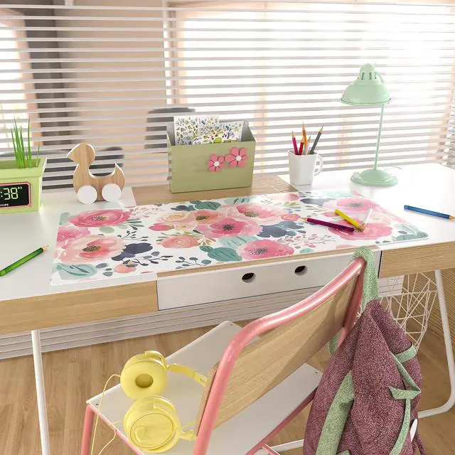 Alt view image 3 of 7 - Large Mouse Pad Pink Floral Desk Mat for Desktop Women Girls Flowers PU Leather Waterproof Desk Pad Computer PC Laptop Protector Gaming Mouse Pads for School Office Home 31.5 x 15.7