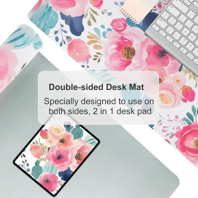 Alt view image 5 of 7 - Large Mouse Pad Pink Floral Desk Mat for Desktop Women Girls Flowers PU Leather Waterproof Desk Pad Computer PC Laptop Protector Gaming Mouse Pads for School Office Home 31.5 x 15.7